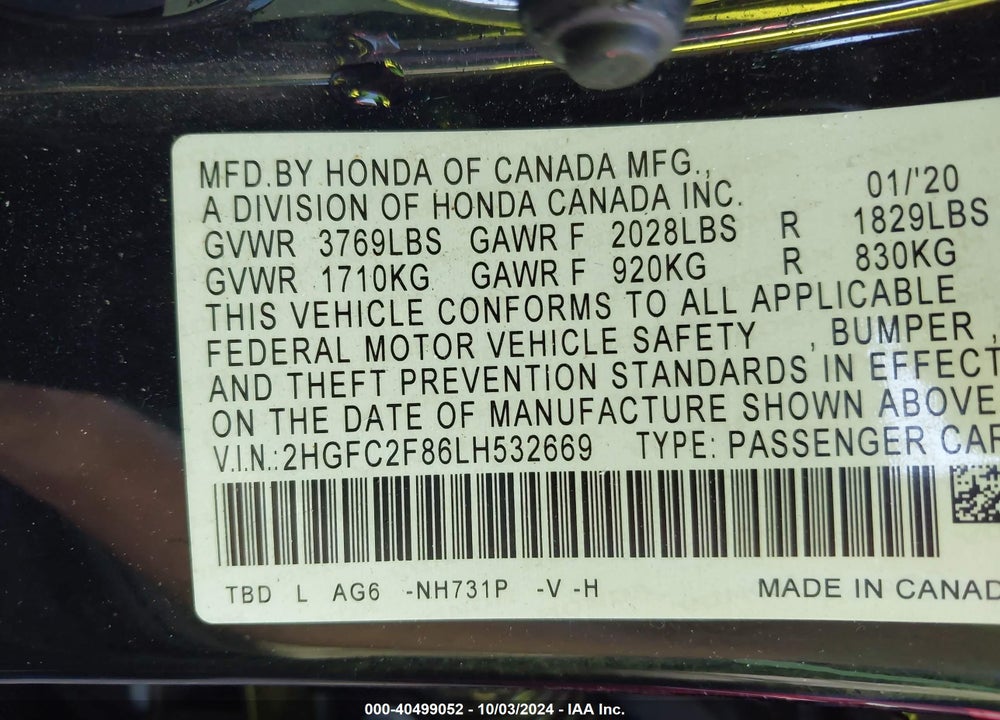 2020 HONDA CIVIC SPORT VIN: 2HGFC2F86LH532669