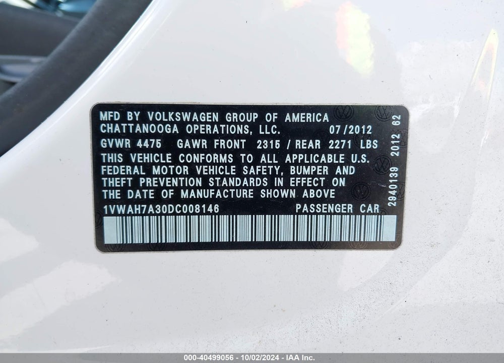 2013 VOLKSWAGEN PASSAT 2.5L S VIN: 1VWAH7A30DC008146