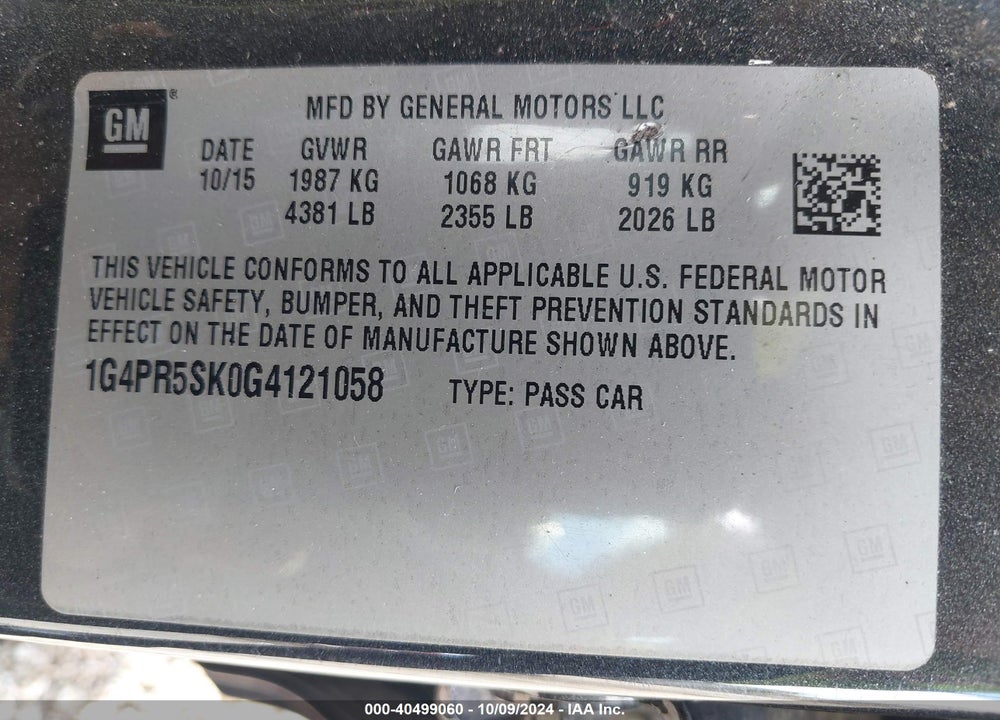 2016 BUICK VERANO CONVENIENCE GROUP VIN: 1G4PR5SK0G4121058