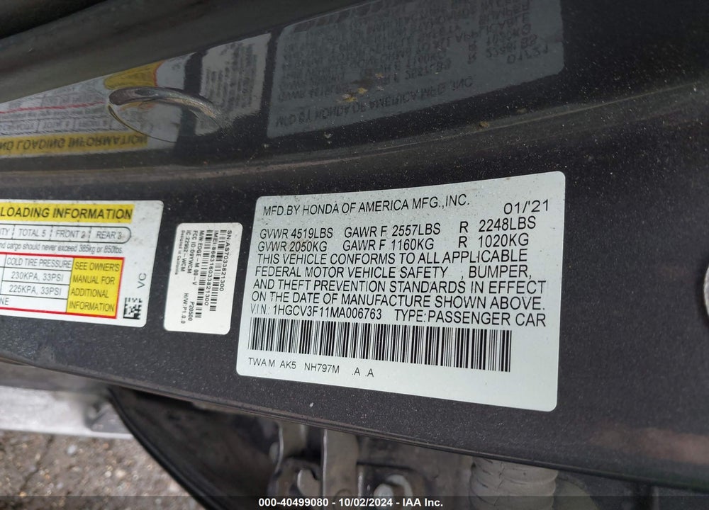 2021 HONDA ACCORD HYBRID VIN: 1HGCV3F11MA006763