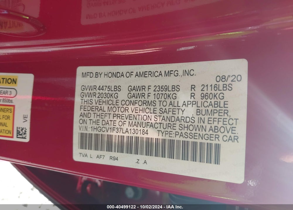 2020 HONDA ACCORD SPORT VIN: 1HGCV1F37LA130184