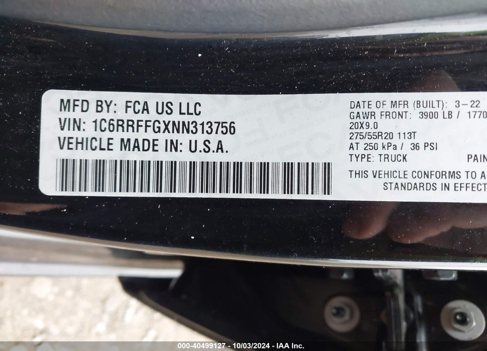 2022 RAM 1500 BIG HORN 4X4 5'7 BOX VIN: 1C6RRFFGXNN313756