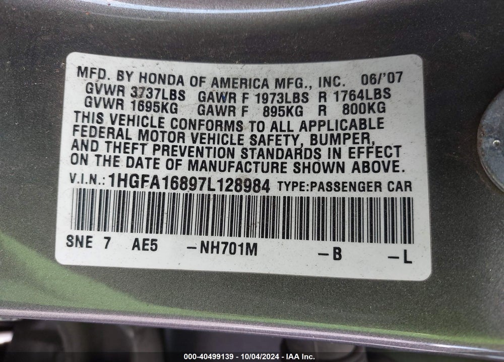 2007 HONDA CIVIC EX VIN: 1HGFA16897L128984