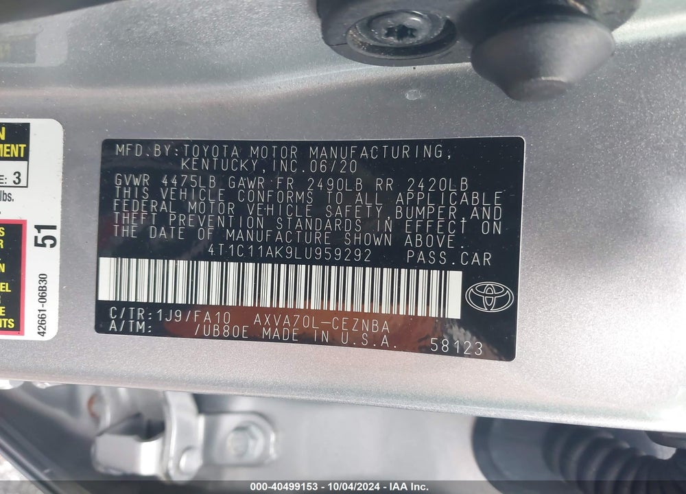 2020 TOYOTA CAMRY LE VIN: 4T1C11AK9LU959292