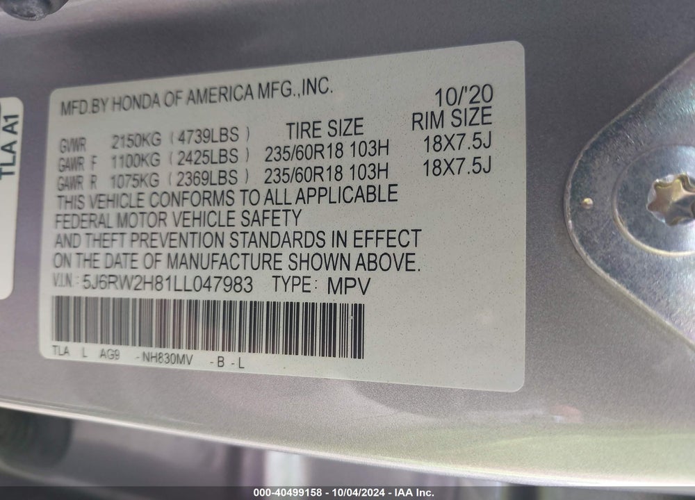 2020 HONDA CR-V AWD EX-L VIN: 5J6RW2H81LL047983