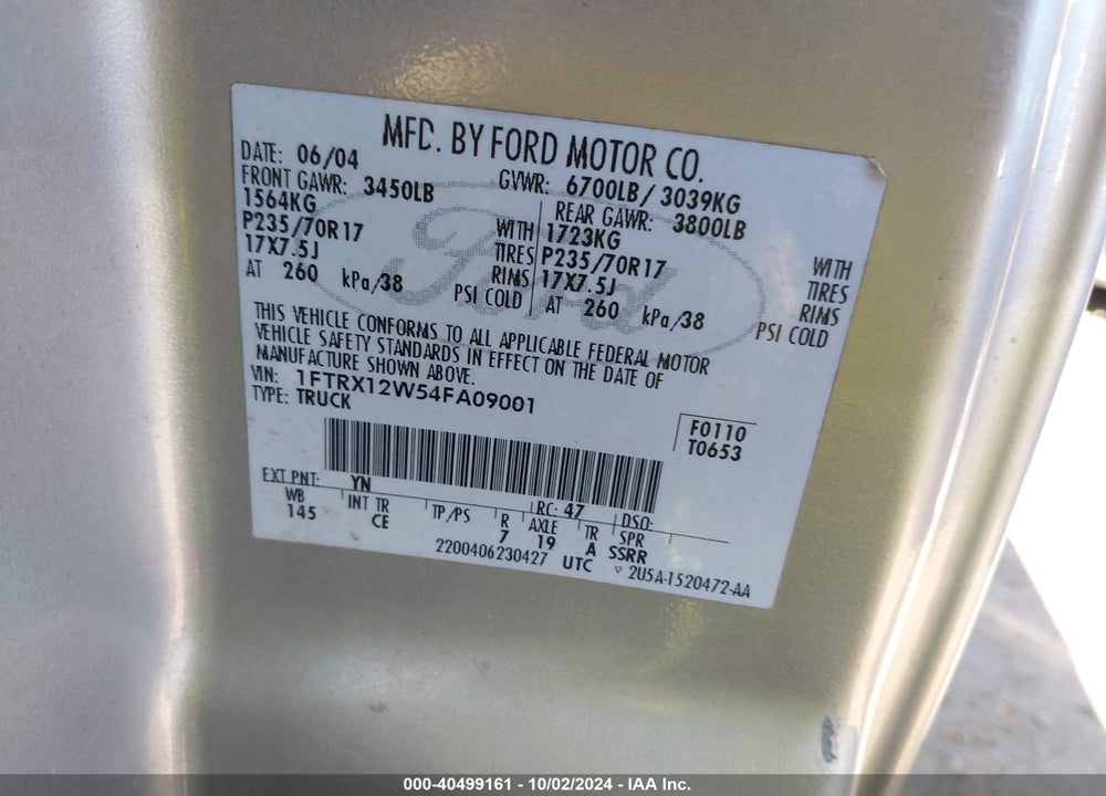 2004 FORD F-150 STX/XL/XLT VIN: 1FTRX12W54FA09001