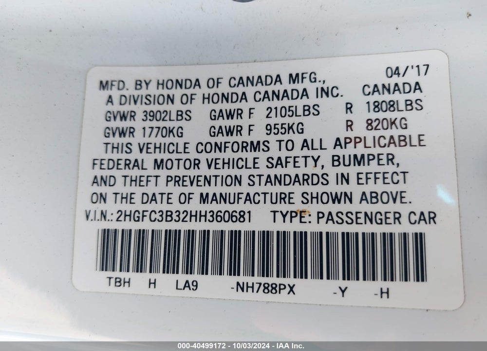 2017 HONDA CIVIC EX-T VIN: 2HGFC3B32HH360681