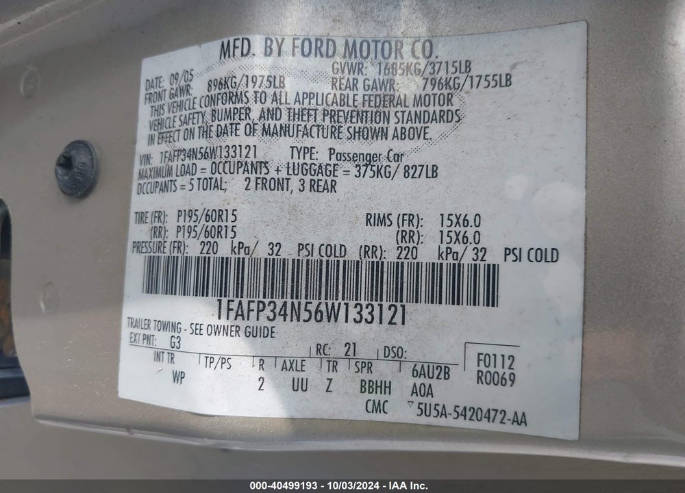 2006 FORD FOCUS ZX4 VIN: 1FAFP34N56W133121