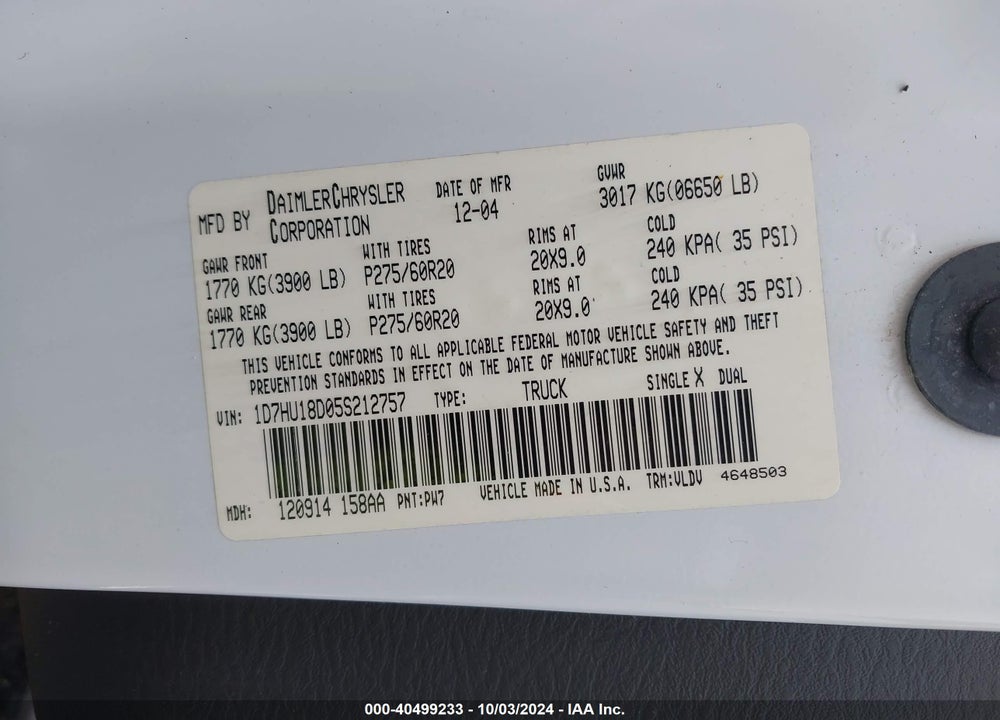 2005 DODGE RAM 1500 SLT/LARAMIE VIN: 1D7HU18D05S212757