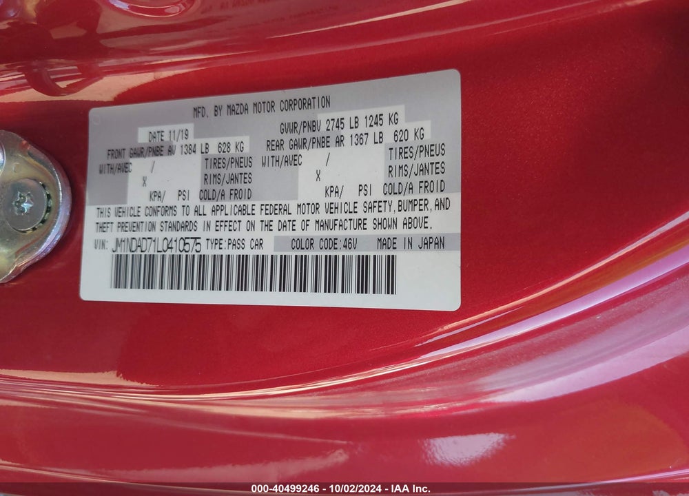 2020 MAZDA MX-5 MIATA GRAND TOURING VIN: JM1NDAD71L0410575