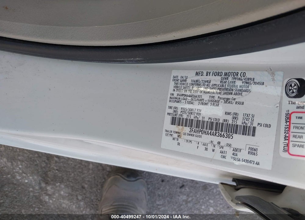 2010 FORD FUSION SE VIN: 3FAHP0HA4AR366305