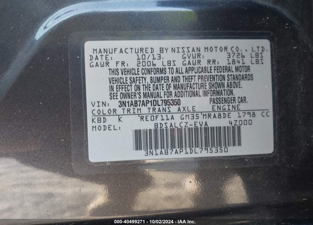 2013 NISSAN SENTRA S VIN: 3N1AB7AP1DL795350