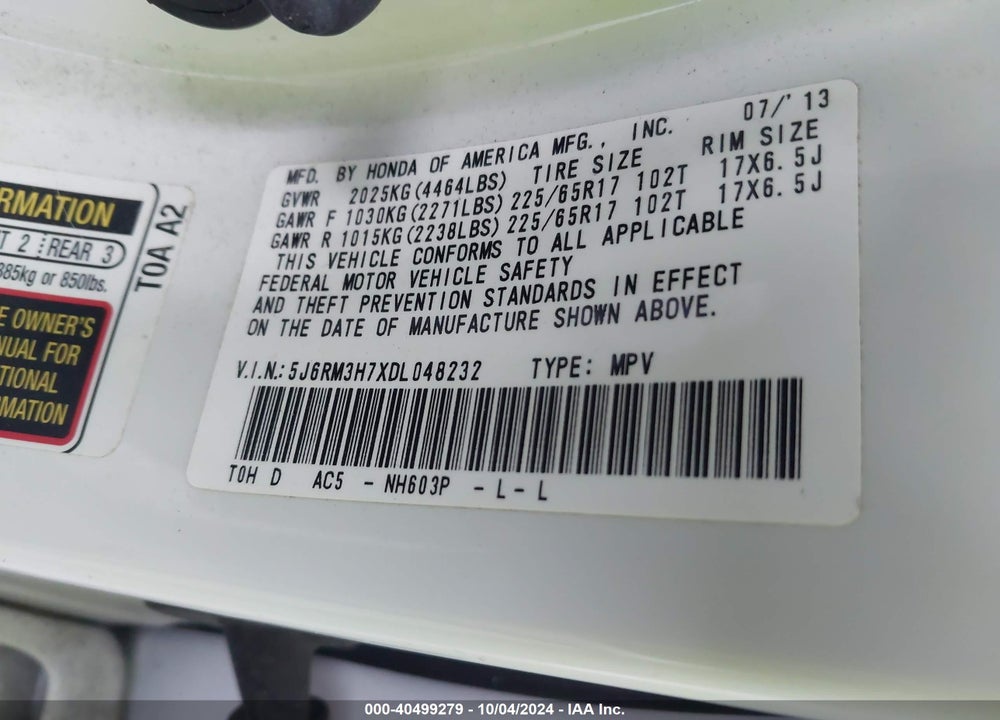 2013 HONDA CR-V EX-L VIN: 5J6RM3H7XDL048232