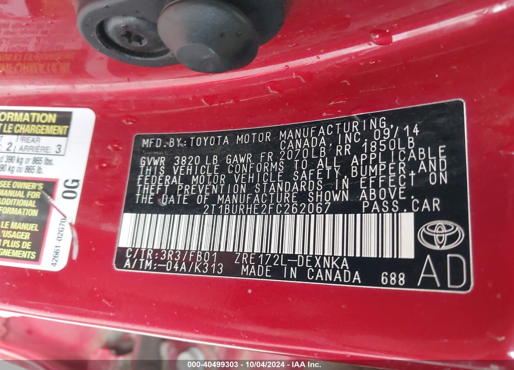 2015 TOYOTA COROLLA LE VIN: 2T1BURHE2FC262067