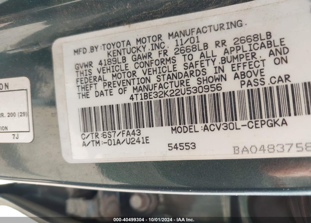 2002 TOYOTA CAMRY XLE VIN: 4T1BE32K22U530956