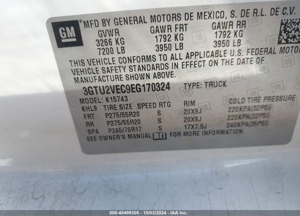2014 GMC SIERRA 1500 SLT VIN: 3GTU2VEC9EG170324