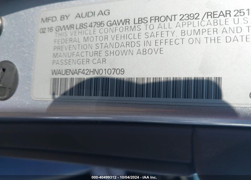 2017 AUDI A4 VIN: WAUENAF42HN010709