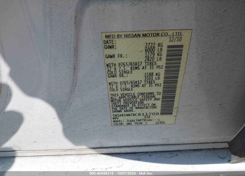 2011 NISSAN PATHFINDER SV VIN: 5N1AR1NN7BC611709