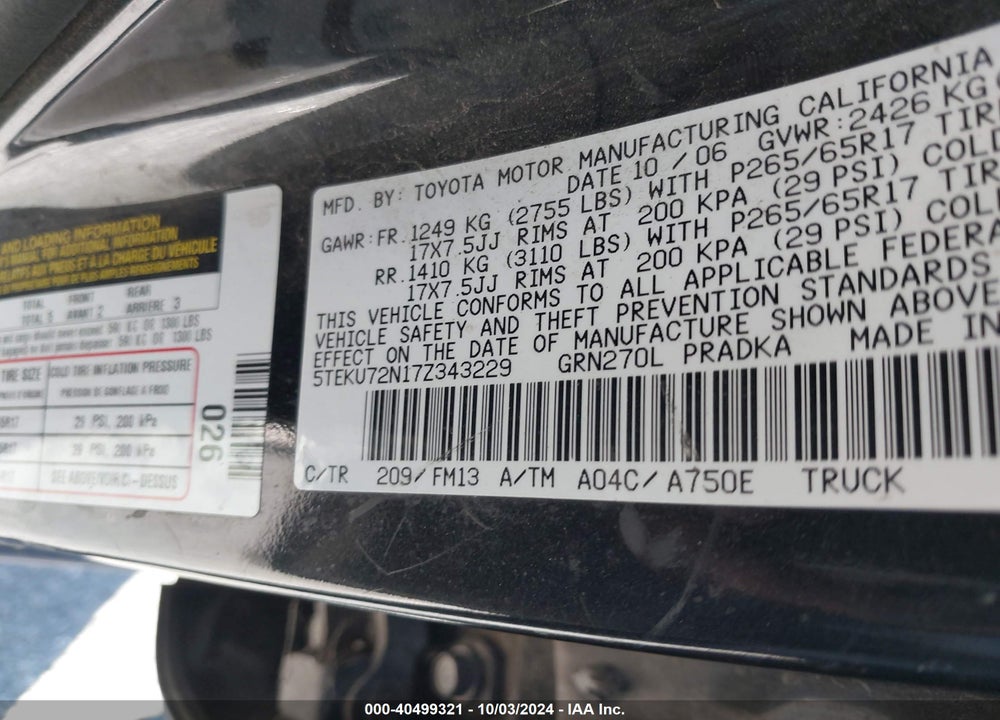 2007 TOYOTA TACOMA PRERUNNER V6 VIN: 5TEKU72N17Z343229