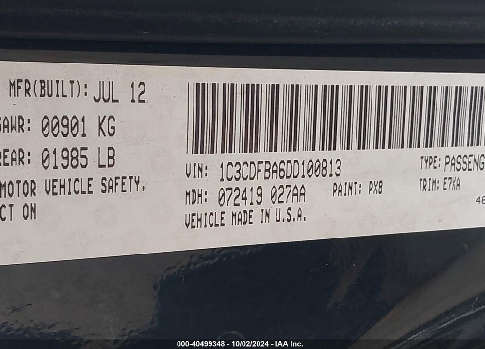 2013 DODGE DART SXT VIN: 1C3CDFBA6DD100813