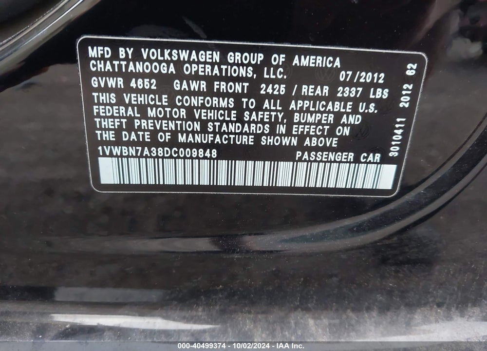 2013 VOLKSWAGEN PASSAT 2.0L TDI SE VIN: 1VWBN7A38DC009848