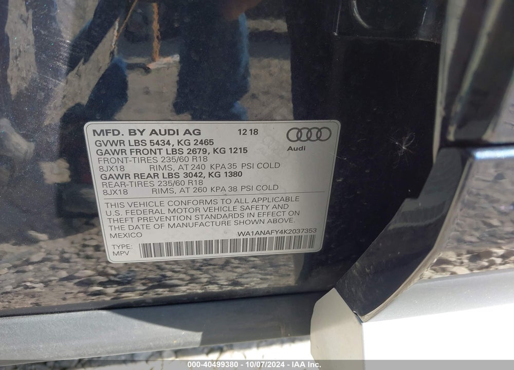 2019 AUDI Q5 45 PREMIUM VIN: WA1ANAFY4K2037353