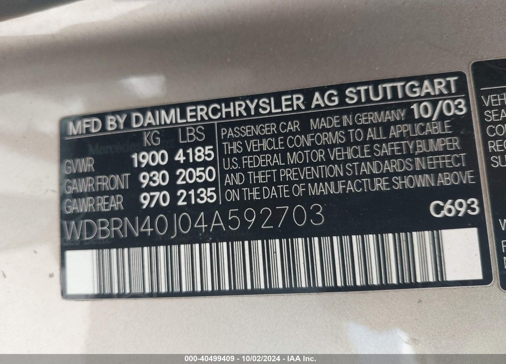 2004 MERCEDES-BENZ C 230 KOMPRESSOR SPORT VIN: WDBRN40J04A592703