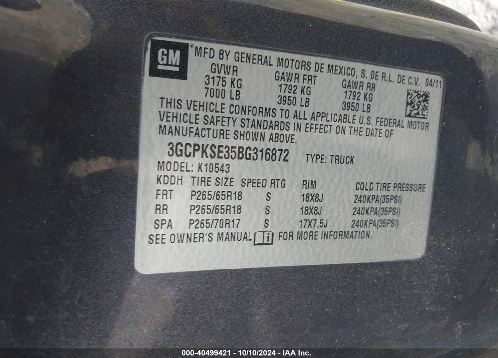 2011 CHEVROLET SILVERADO 1500 LT VIN: 3GCPKSE35BG316872