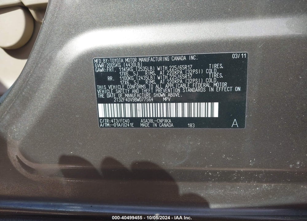 2011 TOYOTA RAV4 VIN: 2T3ZF4DV9BW077564