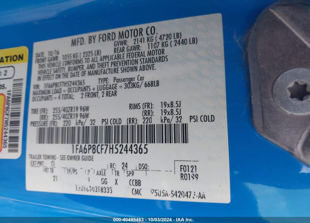 2017 FORD MUSTANG GT VIN: 1FA6P8CF7H5244365