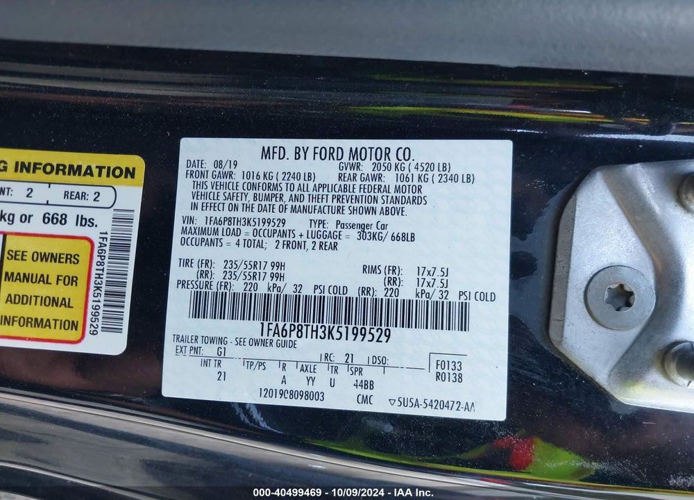 2019 FORD MUSTANG ECOBOOST VIN: 1FA6P8TH3K5199529