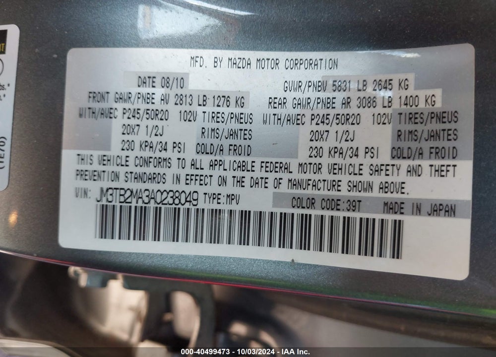 2010 MAZDA CX-9 GRAND TOURING VIN: JM3TB2MA3A0238049