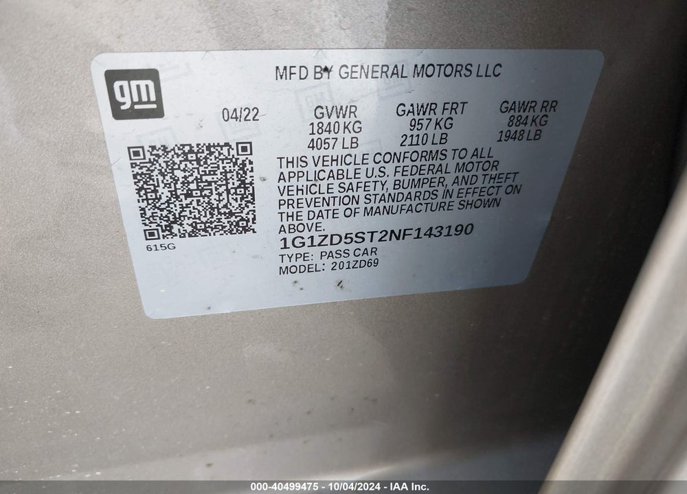 2022 CHEVROLET MALIBU FWD LT VIN: 1G1ZD5ST2NF143190