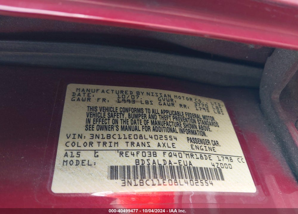 2008 NISSAN VERSA 1.8S VIN: 3N1BC11E08L402554
