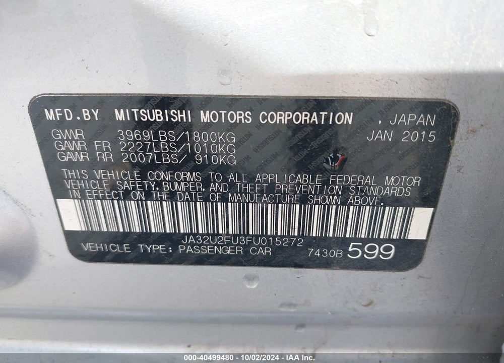 2015 MITSUBISHI LANCER ES VIN: JA32U2FU3FU015272