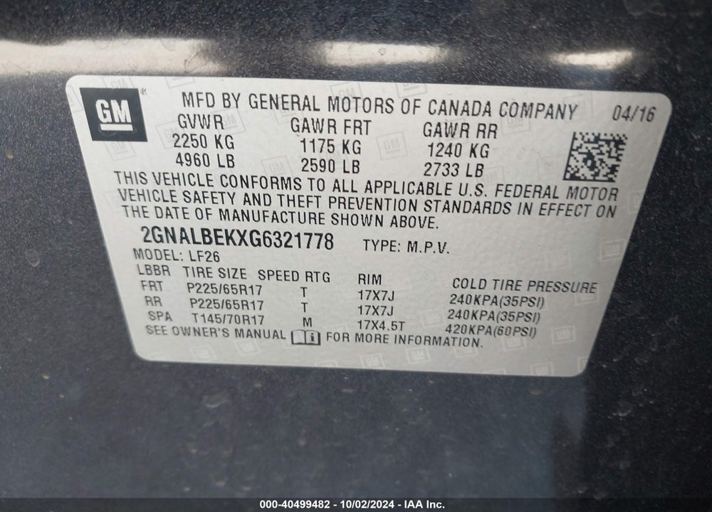 2016 CHEVROLET EQUINOX LS VIN: 2GNALBEKXG6321778