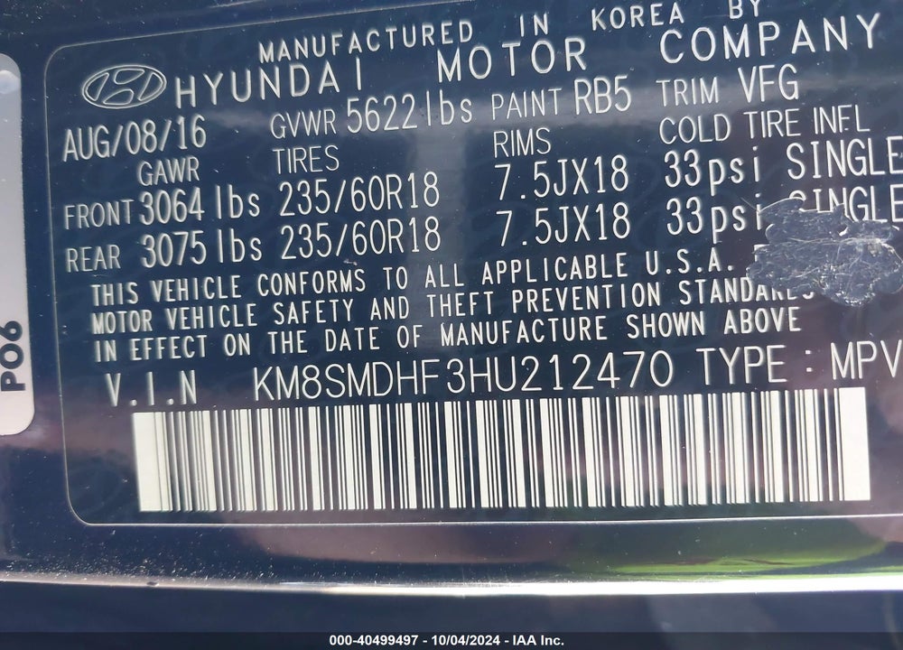 2017 HYUNDAI SANTA FE SE VIN: KM8SMDHF3HU212470