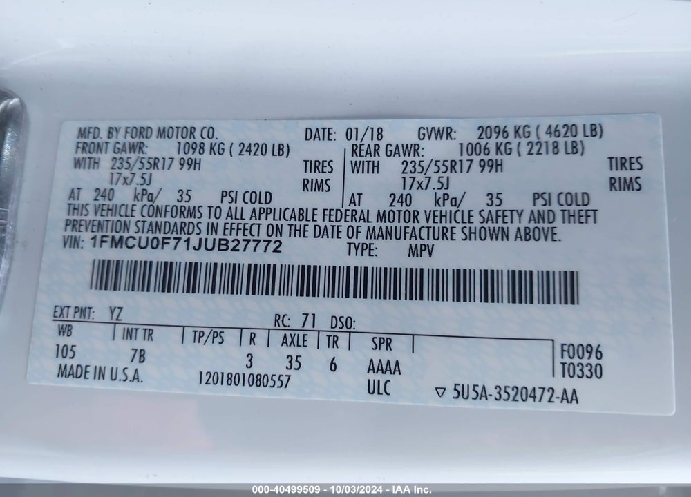 2018 FORD ESCAPE S VIN: 1FMCU0F71JUB27772