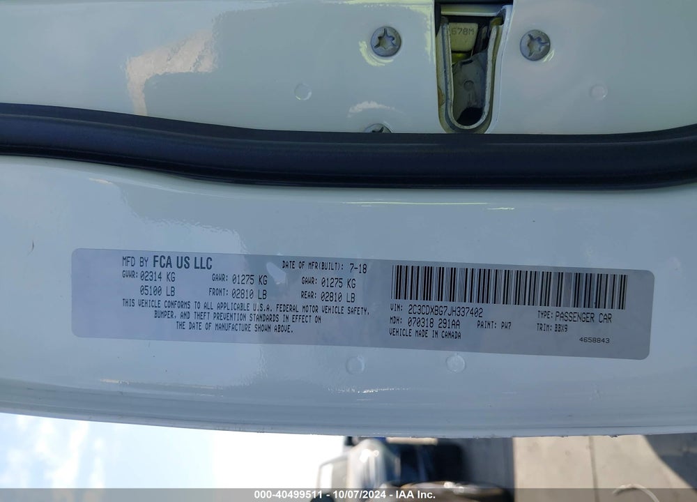 2018 DODGE CHARGER SXT RWD VIN: 2C3CDXBG7JH337402