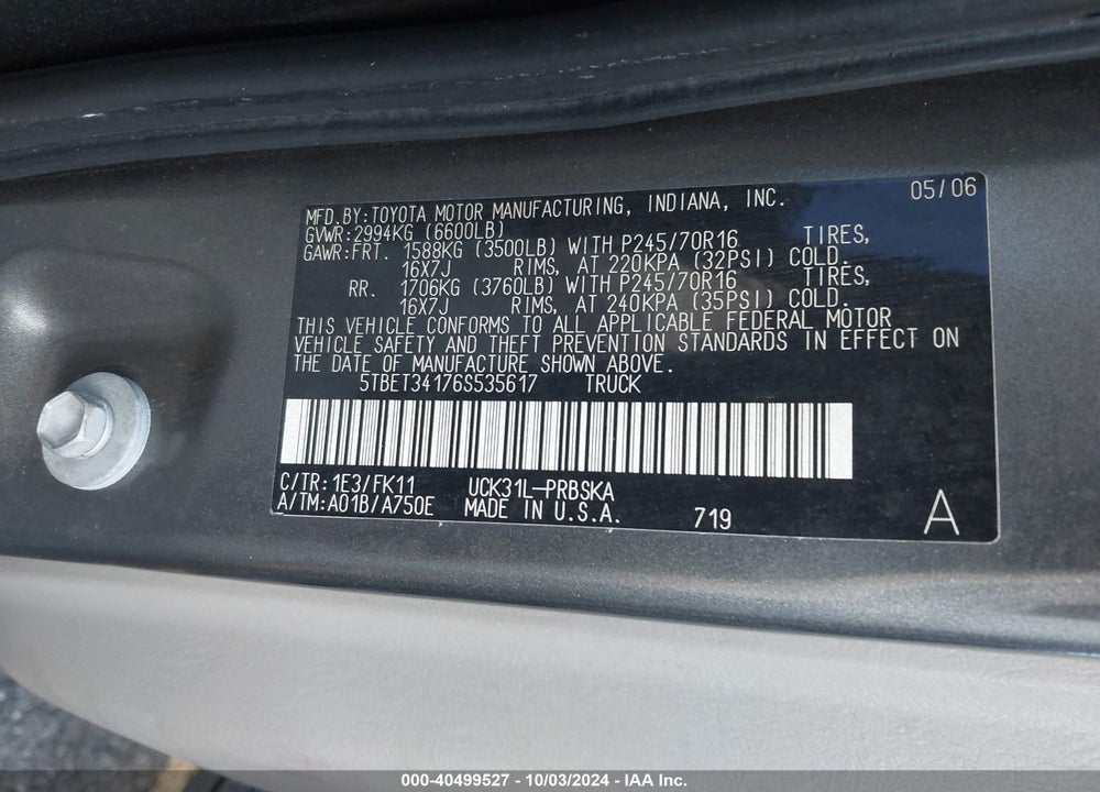 2006 TOYOTA TUNDRA SR5 V8 VIN: 5TBET34176S535617