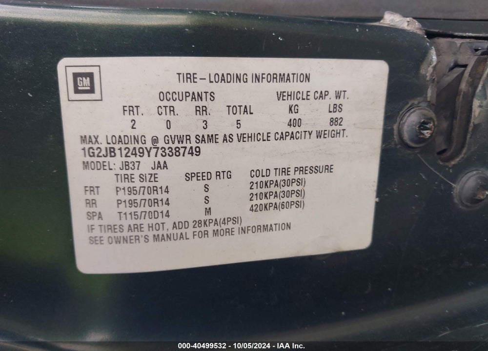 2000 PONTIAC SUNFIRE SE VIN: 1G2JB1249Y7338749