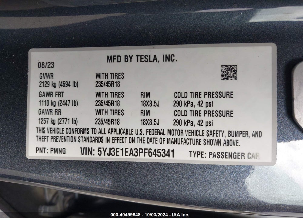 2023 TESLA MODEL 3 REAR-WHEEL DRIVE VIN: 5YJ3E1EA3PF645341