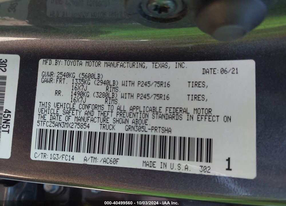 2021 TOYOTA TACOMA SR5 V6 VIN: 5TFCZ5AN3MX275854