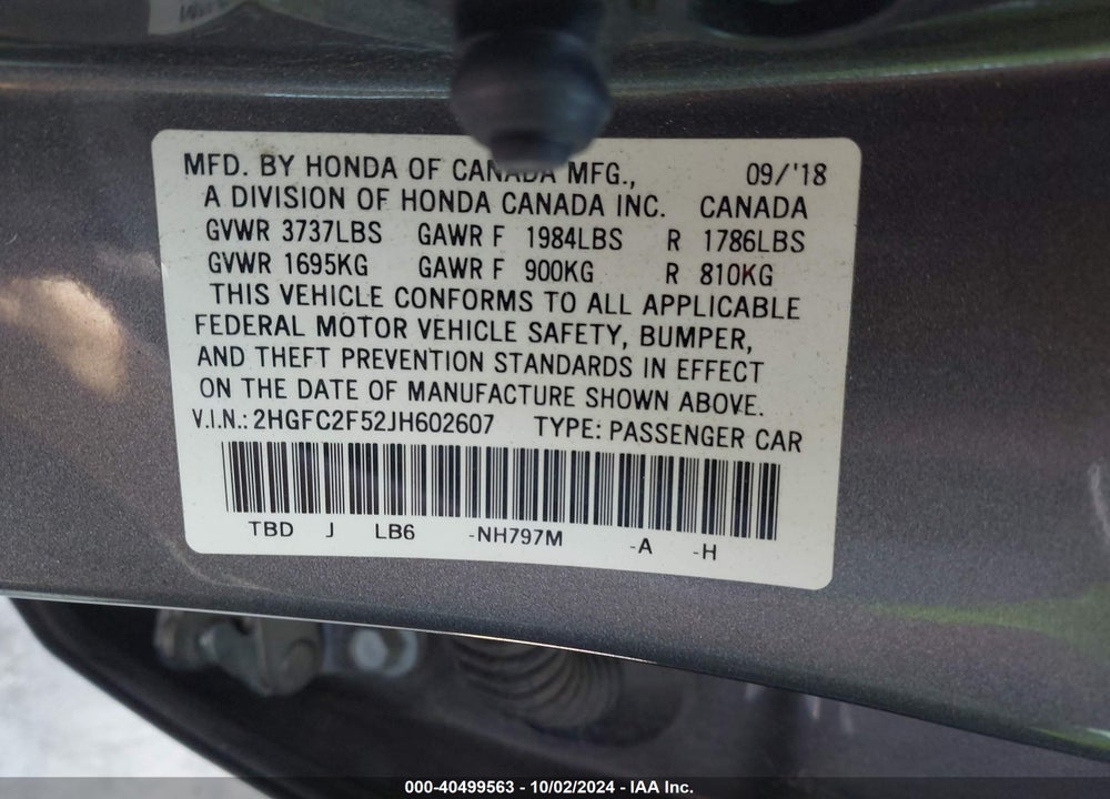 2018 HONDA CIVIC LX VIN: 2HGFC2F52JH602607