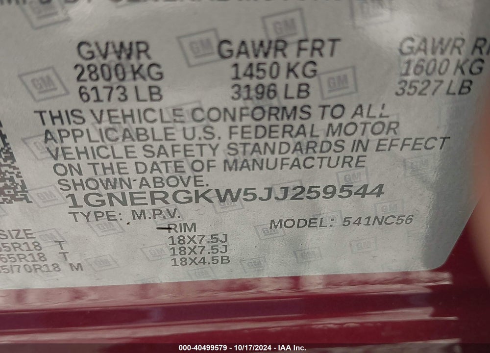 2018 CHEVROLET TRAVERSE 1LT VIN: 1GNERGKW5JJ259544