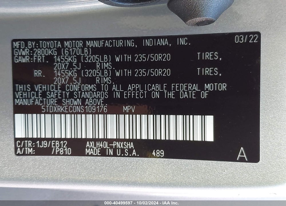 2022 TOYOTA SIENNA XSE VIN: 5TDXRKEC0NS109176