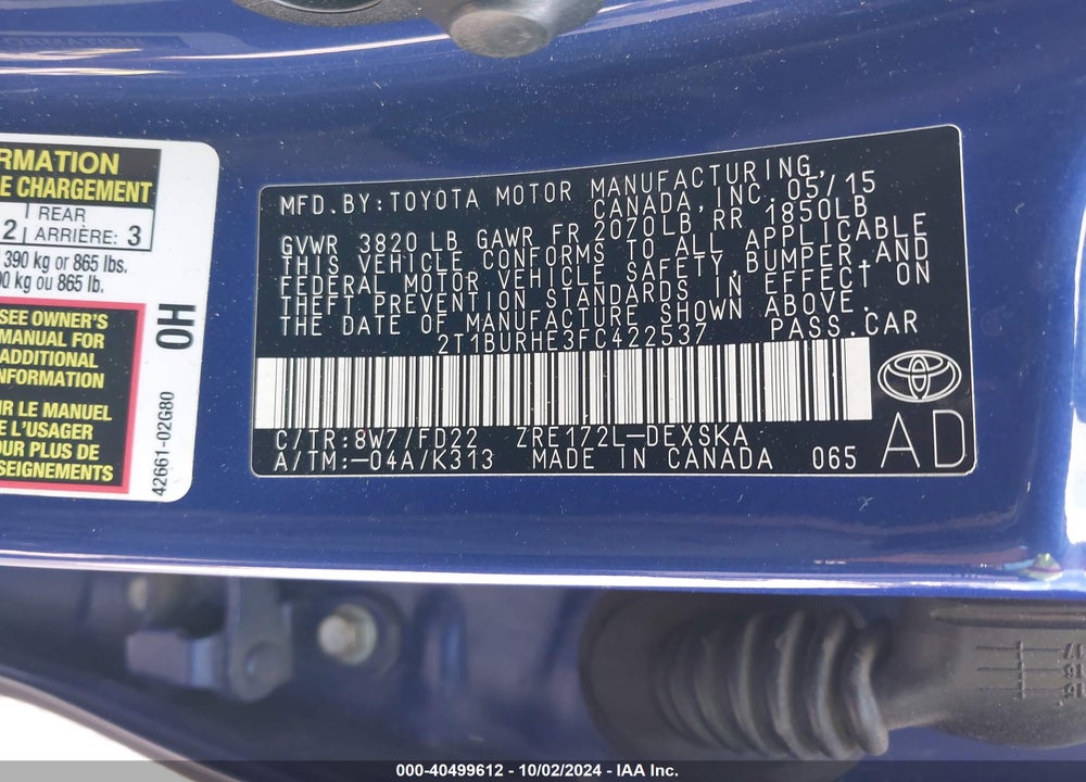 2015 TOYOTA COROLLA S PLUS VIN: 2T1BURHE3FC422537