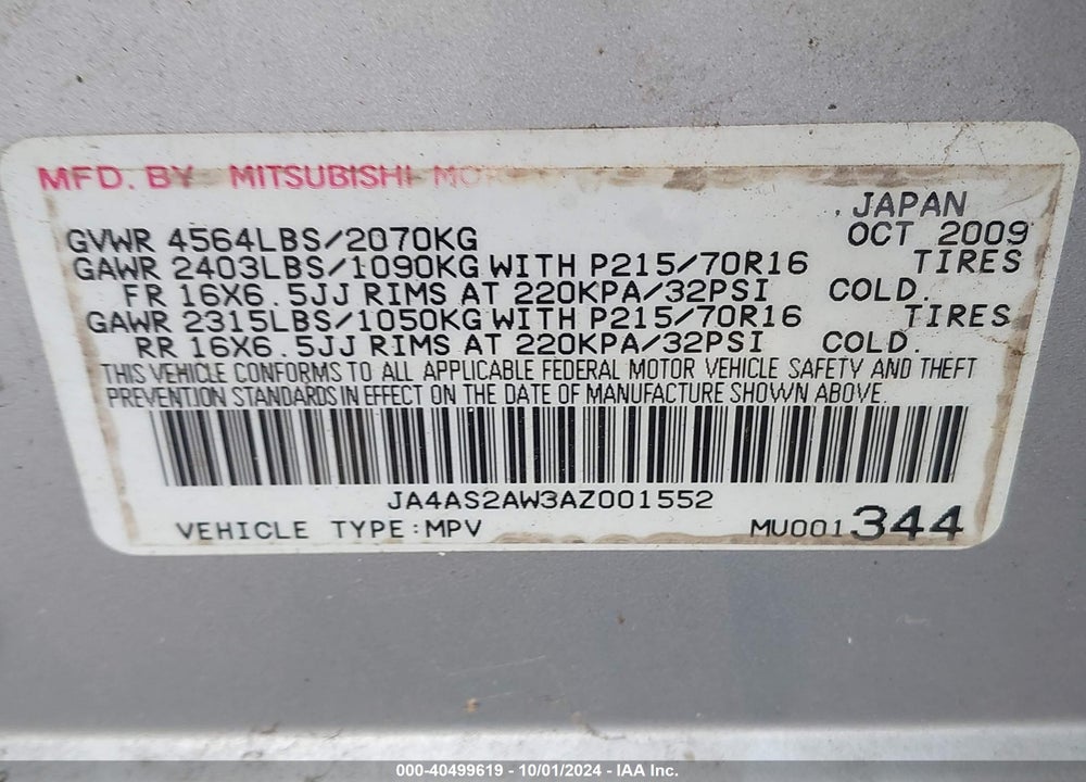 2010 MITSUBISHI OUTLANDER ES VIN: JA4AS2AW3AZ001552