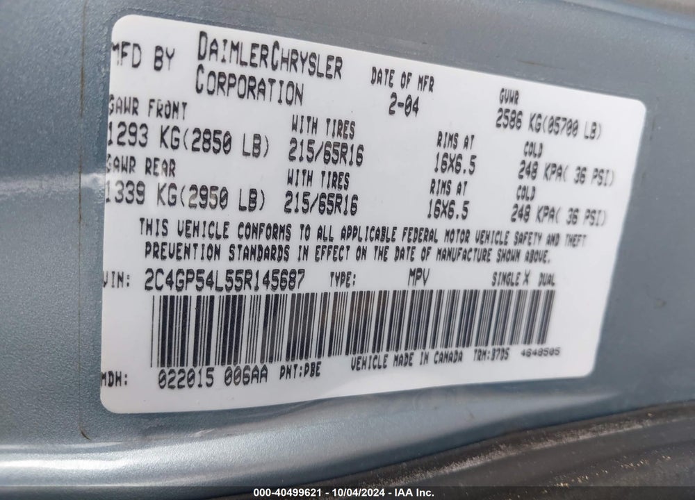 2005 CHRYSLER TOWN & COUNTRY TOURING VIN: 2C4GP54L55R145687