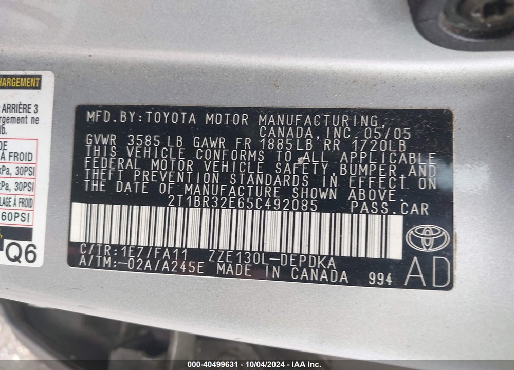 2005 TOYOTA COROLLA CE VIN: 2T1BR32E65C492085